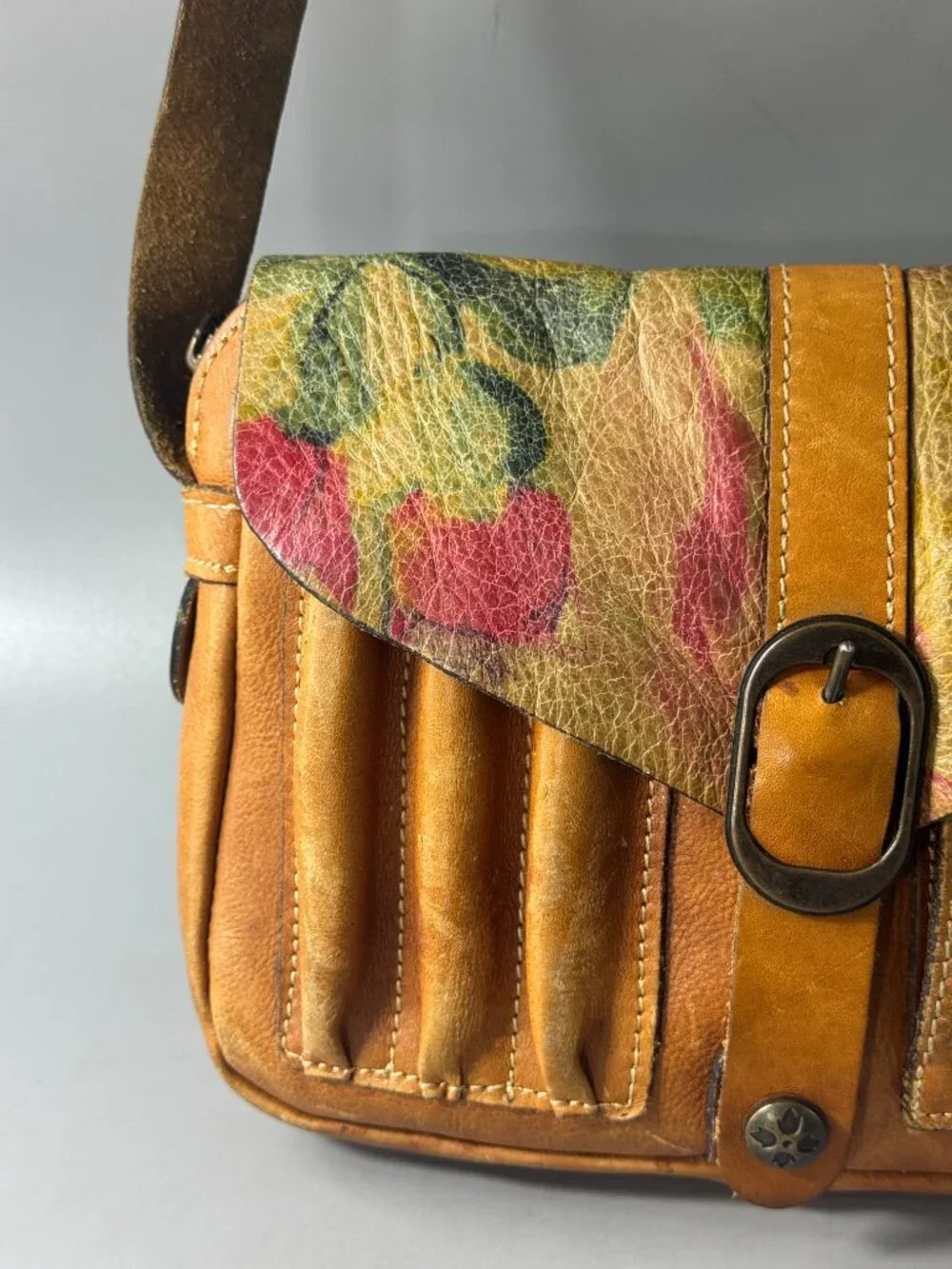 Patricia Nash Brown Leather Purse Crossbody Floral Flap Handbag bag